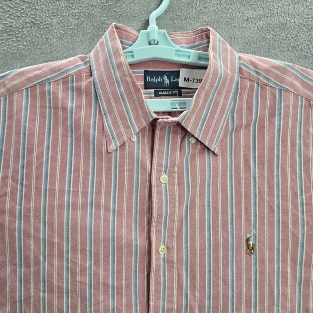 VINTAGE Ralph Lauren Men Button Up Shirt M Red Striped Logo Embroidered Collar‎